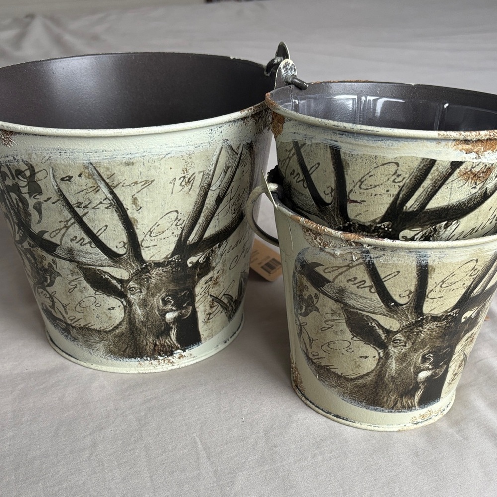 Rustic Deer Print Metal Buckets